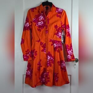 NWT Scoop Orange and Pink Floral Shirt Dress with Pockets XS 0-2